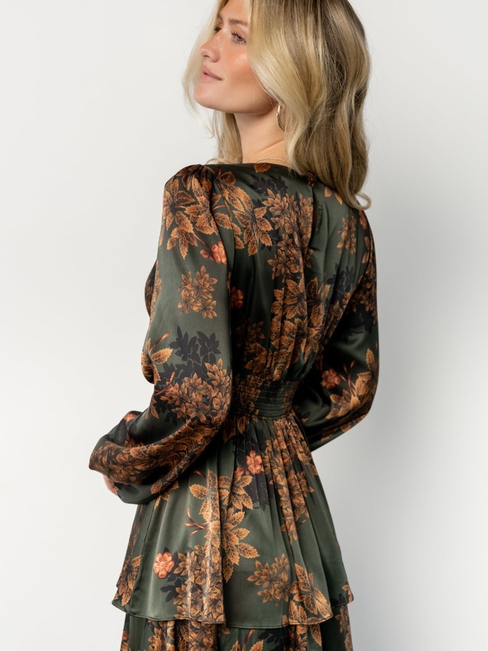 Baltic Born Montrouge Tiered Satin Dress | Olive Floral Size XLXL - Picture 2 of 5